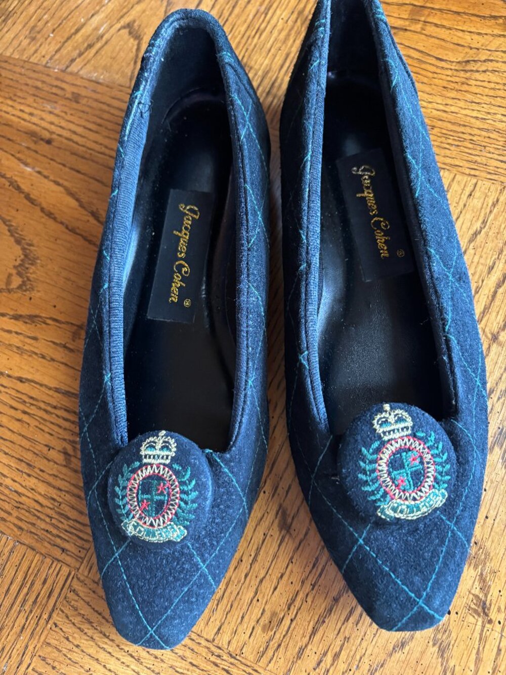 Jacques Cohen leather flats, quilted velvet finish.